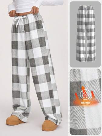SHEIN BASICS Casual Knitted Plaid Low Waist Loose Women Pants, Warm Comfort