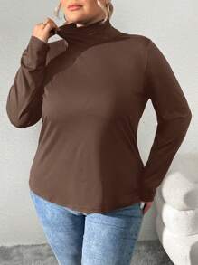SHEIN CURVE+ Plus Size Solid Ribbed Slim Fit Mock Neck Knit Tee - Brown - View 6