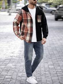 Manfinity Homme Men's Plus Size Casual Contrast Plaid Front Button Hooded Corduroy Panel Shacket, Autumn Fall Clothes - Multicolor - View 3