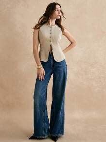 Poéselle Women's Solid Color Round Neck Front Button Elegant Sleeveless Blouse