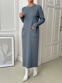 EURMUSE 女士纯色圆领口袋细节长款毛衣连衣裙 - 霧霾藍 - 查看 4