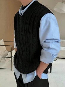 DAZY Men's Solid Color Simple Knit Sleeveless Vest, Casual For Daily Wear, Fall Clothes Business Attire - Black - View 2