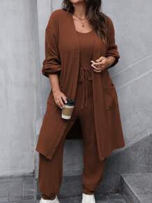 Calvaya Conjunto de 2 Peças, Macacão e Jaqueta em Cor Sólida com Textura Canelada, Plus Size, Casual para Uso Diário, Outono/Inverno