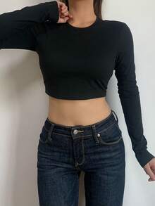 SHEIN BASICS Solid Color Knit Crew Neck Long Sleeve Cropped Slim Fit Women T-Shirt - Black - View 3