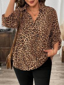 SHEIN LUNE Koszula z nadrukiem w panterkę w dużym rozmiarze i średnim rękawem