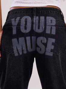 MUSERA Spray Paint Logo Jeans Spring 90's Y2k Streetwear Spring Summer Cute Casual Festival Rave Ibiza Midnight Mass Concert Winter Everyday Chic - Black - View 5
