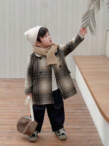 SHEIN 年轻男孩休闲舒适拉绒格子宽松翻领双排扣纽扣加厚大口袋大衣，适合街头风格和日常穿着，保暖防风，适合秋冬季 - 彩色 - 查看 4