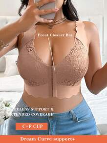 1pc Front Closure Contrast Lace Plus Size Wireless Bra Lingerie - Apricot - View 5