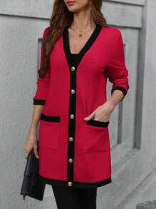 SHEIN Clasi 1pc Women Long Cardigan With Metal Button, Black And White Color, Elegant & Comfortable - Red - View 5