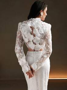 Anewsta 1 件女式 3D 花卉装饰网眼短袖衬衫，白色 - 白色 - 查看 2