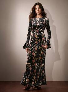Anewsta Váy dài tay đuôi cá nhung in hoa hồng cho nữ Maxi Outfit - màu đen - Xem 7