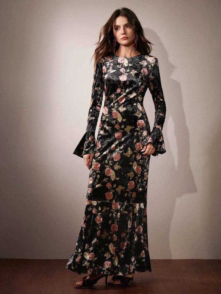 Rose Flower Print Velvet Fishtail Long Sleeve Dress For Women Maxi Women Outfit