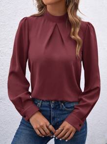 SHEIN LUNE Blusa de manga larga elegante con cuello alto y pliegues en unicolor, para la oficina. Blusas de manga larga. - Color caoba - Ver 3