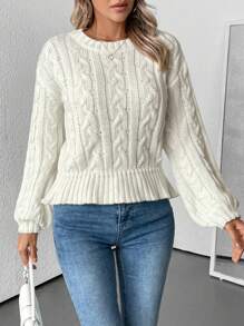 SHEIN LUNE 1pc Women's Solid Color Round Neck Twist Knit Casual Pullover Sweater Knit Pullover Fall Winter Outfit - White - View 5