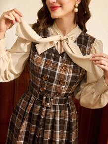 Vintamour 大码女装复古优雅格子腰带口袋双排扣无袖休闲/工作/节日连衣裙女装冬装女装圣诞装女装圣诞装冬装女装圣诞装新年装女装优雅连衣裙棕色连衣裙女装感恩节装新年装新年装新年女装