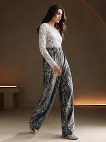 Anewsta New Design Embroidered Sequins Plush Fabric Wide Leg Palazzo Pants For Ladies For Holiday Party Clothes