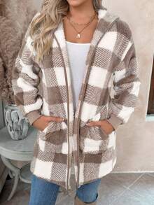 SHEIN LUNE 女士休闲格纹落肩宽松连帽毛绒夹克，秋冬 - 杏色 - 查看 4