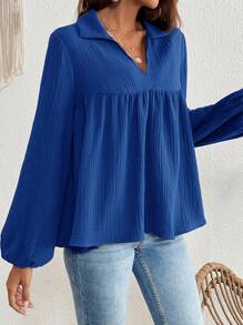 SHEIN VCAY 1pc Women V-Neck Ruffled Front Placket Solid Color Shirt, Blouse