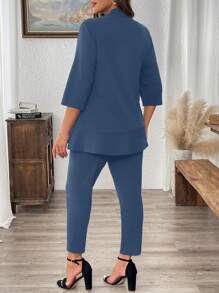SHEIN LUNE Traje de oficina de 2 piezas (blazer de manga 3/4 y pantalones) de unicolor para mujer talla grande - Ropa casual de negocios, vestidos de invierno, ropa de mujer para el Año Nuevo, atuendos de mujer para el Día de Acción de Gracias, atuendos de mujer para fiestas