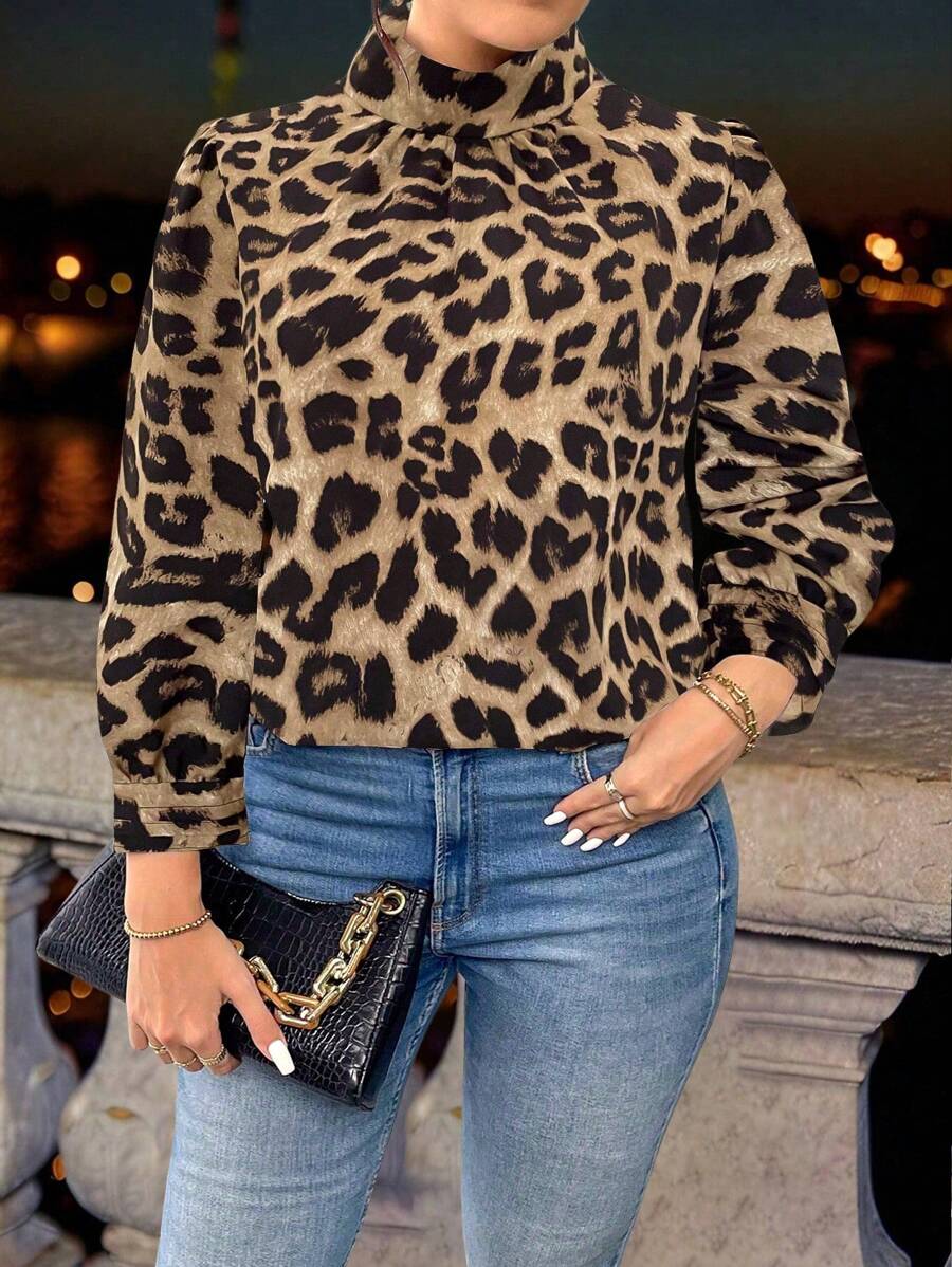 大码秋季时尚豹纹立领衬衫