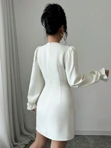 Gloray 1pc Women's Autumn Round Neck Puff Sleeve Dress With Button Decor, Elegant And Cute Fashion
