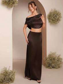 L'Amorae Women 2-Piece Set: Asymmetric Neck Pleated Blouse And Skirt, Elegant