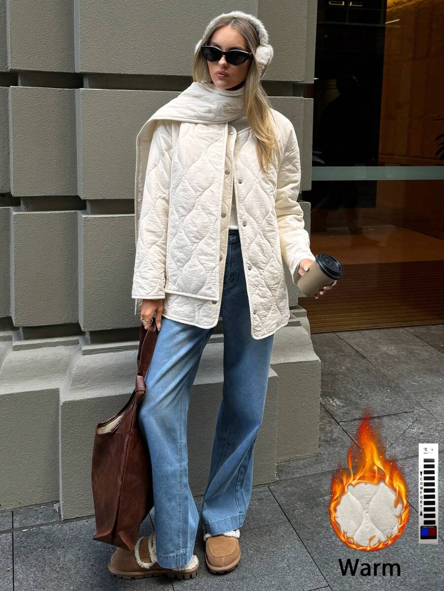 Aloruh 女士纯色长袖保暖加厚外套，冬季 - 白色 - 查看 1