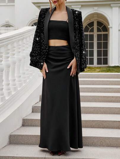 Aveloria Rosie 2pcs/Set Women Elegant Party Sequin Loose Splice Collar Blazer Jacket + Extra Long Bodycon Skirt Suit Fall Cloth For Women