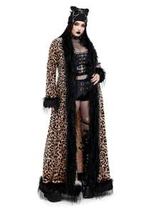 Whyspr Goth Punk Plus Size Gothic Punk V-Neck Fluffy Patchwork Leopard Print Velvet Long Sleeve High Waist A-Line Open Front Long Cardigan Coat For Women - Multicolor - View 10