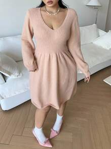 Flirla Vestido de Suéter Acampanado con Cuello en V Elegante de unicolor Talla Grande, Otoño/Invierno
