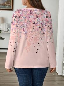 EMERY ROSE Camiseta de manga larga de corte holgado con estampado floral y cuello redondo, para tallas grandes, estilo elegante, adecuada para primavera y otoño - Rosa - Ver 7