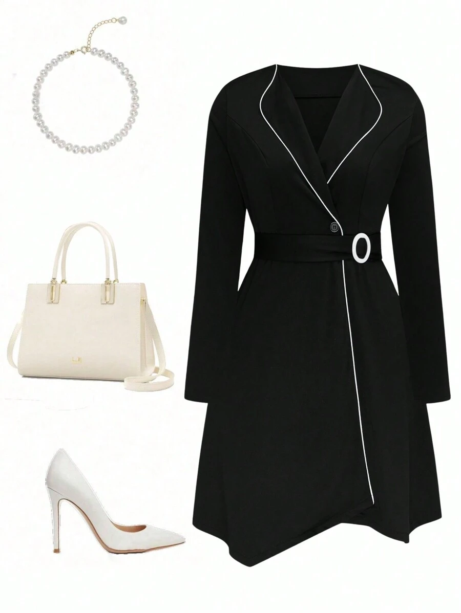 SHEIN Clasi Women Plus Size Elegant Long Sleeve Turndown Collar Hem Dress, Autumn - Black - View 1