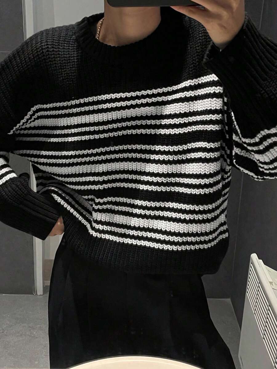DAZY Colorblock Striped Loose Round Neck Long Sleeve Sweater For Women,Fall Women Clothes - Black - View 1