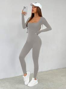 SHEIN PETITE Elegant Casual Solid Color Long Jumpsuit With Tight Fit, U Neckline - Grey - View 6
