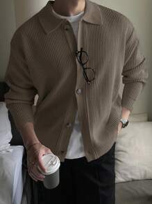 DAZY Chaqueta cardigan casual de hombre con cuello vuelto, ajuste holgado y botones frontales de unicolor