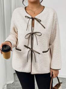 SHEIN Frenchy Chaqueta casual holgada con parches de unicolor PU de talla grande con bolsillos para invierno