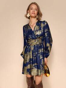 Calvaya Vestido corto casual, vintage y elegante de mujer con cuello en V, manga larga y pliegues