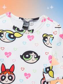 THE POWERPUFF GIRLS X SHEIN Ensemble de pyjama mignon pour bébé fille comprenant un t-shirt à manches longues blanc avec imprimé cœur de dessin animé et un pantalon, confortable et décontracté - Blanc - Voir 4