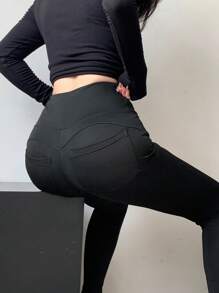 DAZY 女式高腰纯色口袋修身休闲紧身裤，秋季服装女式羊毛紧身裤 - 黑色 - 查看 5