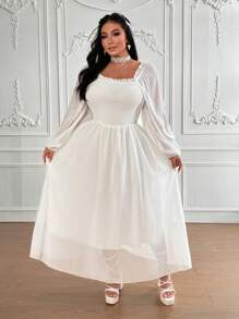 Flirla Đầm Maxi Nữ Cổ Vuông Tay Phồng Đơn Giản Thanh Lịch Màu Trơn Viền Ren Viền Xòe, Dành Cho Mùa Xuân/Hè/Thu - Màu be - Xem 5
