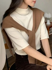 DAZY 2 Pcs/Set Women Solid Color Stand Collar Short Sleeve Knit Top And Cape - Beige - View 5