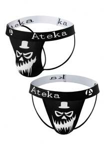 Men's Sexy Digital Letter Print G-String - Black and White - View 1