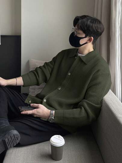 DAZY Áo khoác cardigan nam dài tay cài nút phía trước màu xanh ô liu, thường ngày, áo khoác mùa thu