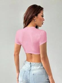 SHEIN PETITE Casual Simple Solid Color Round Neck Cropped Slim Fit Women's T-Shirt - Pink - View 2