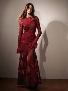 Anewsta Red Festive Elegant Romantic Delicate Soft 3D Floral Embroidery Backless Mermaid Fitted New Year Valentine's Day Dress For Women - Red - View 3