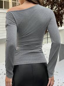 INAWLY 女式闪亮不对称领口长袖休闲上衣 - 灰色 - 查看 2