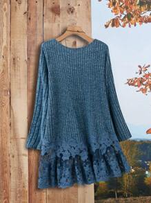 EMERY ROSE Plus Size Winter Women Blue Crew Neck Long Sleeve Ribbed Casual T-Shirt