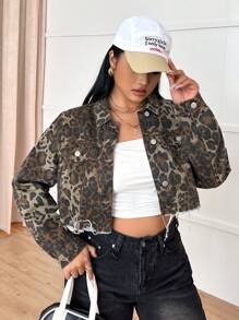 SHEIN ICON Plus Size Women Leopard Print Long Sleeve Single Breasted Cropped Denim Jacket, Autumn - Multicolor - View 3