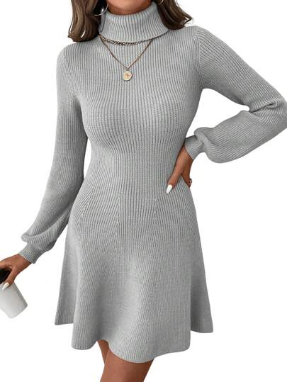 SHEIN LUNE Women's Casual Solid Color Turtleneck Lantern Sleeve Flare Hem Sweater Dress For Christmas Party
