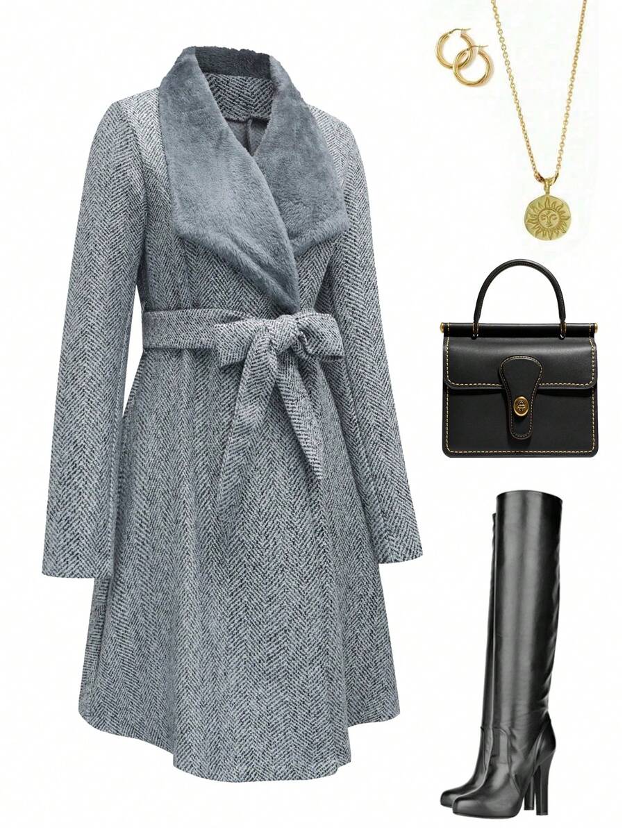 SHEIN LUNE Plus Size Tie Front Fuzzy Patchwork Long Sleeve Casual Outerwear - Grey - View 1